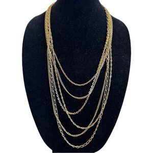 Vintage Multi-Chain Layered Chain Necklace Collar Gold Tone Linked Heavy 1970s